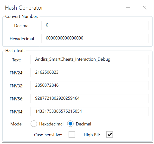 Sims 4 Studio Hash Generator showing a tuning name and its FNV hash results