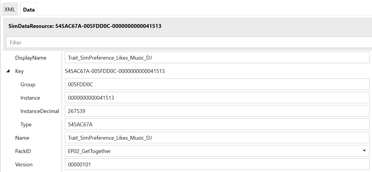 Sims 4 Studio resource list showing tuning and SimData entries with their Type, Group and Instance fields