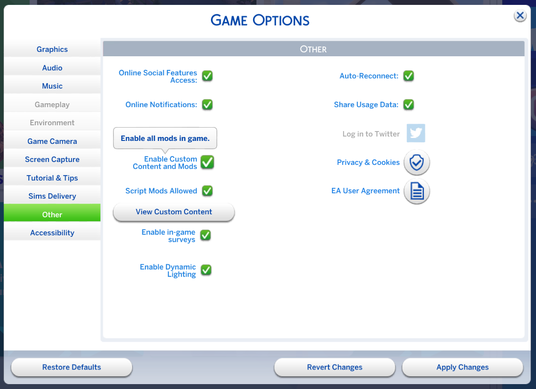 Enable Mods in The Sims 4 Settings